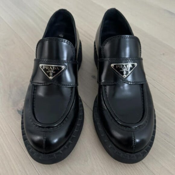 PRADA Chocolate Brushed Leather Loafer Black Size 38 - Picture 3 of 5